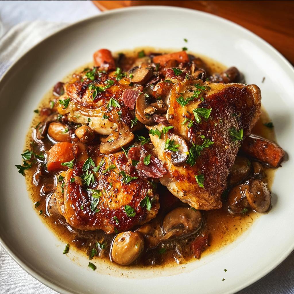 A close-up of a plate of delicious chicken recipe with mushrooms, carrots, and herbs.