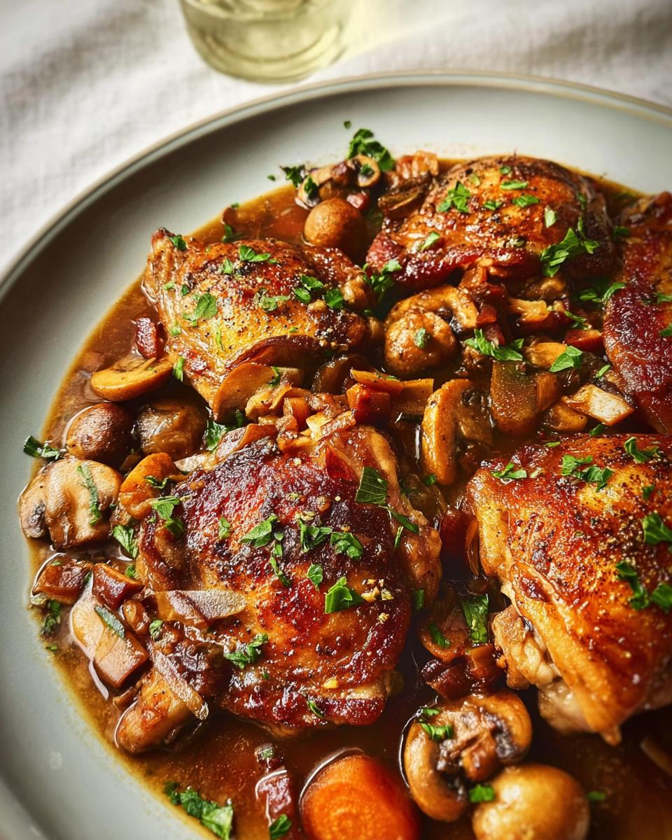 A close-up of a rich, saucy chicken recipe with tender chicken thighs, mushrooms, and fresh parsley.