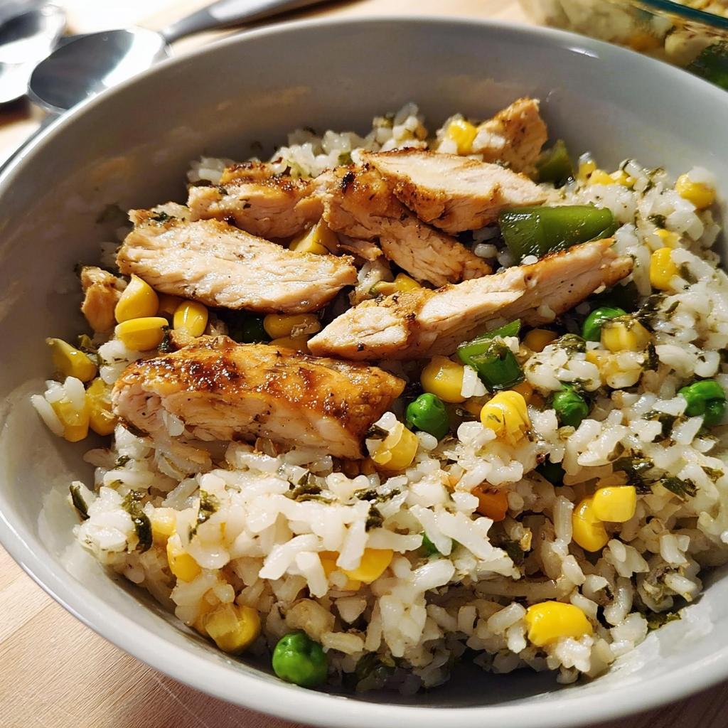 A close-up of a bowl filled with rice, corn, peas, green peppers, and sliced grilled chicken, showcasing a delicious Rice Bowls Recipe.