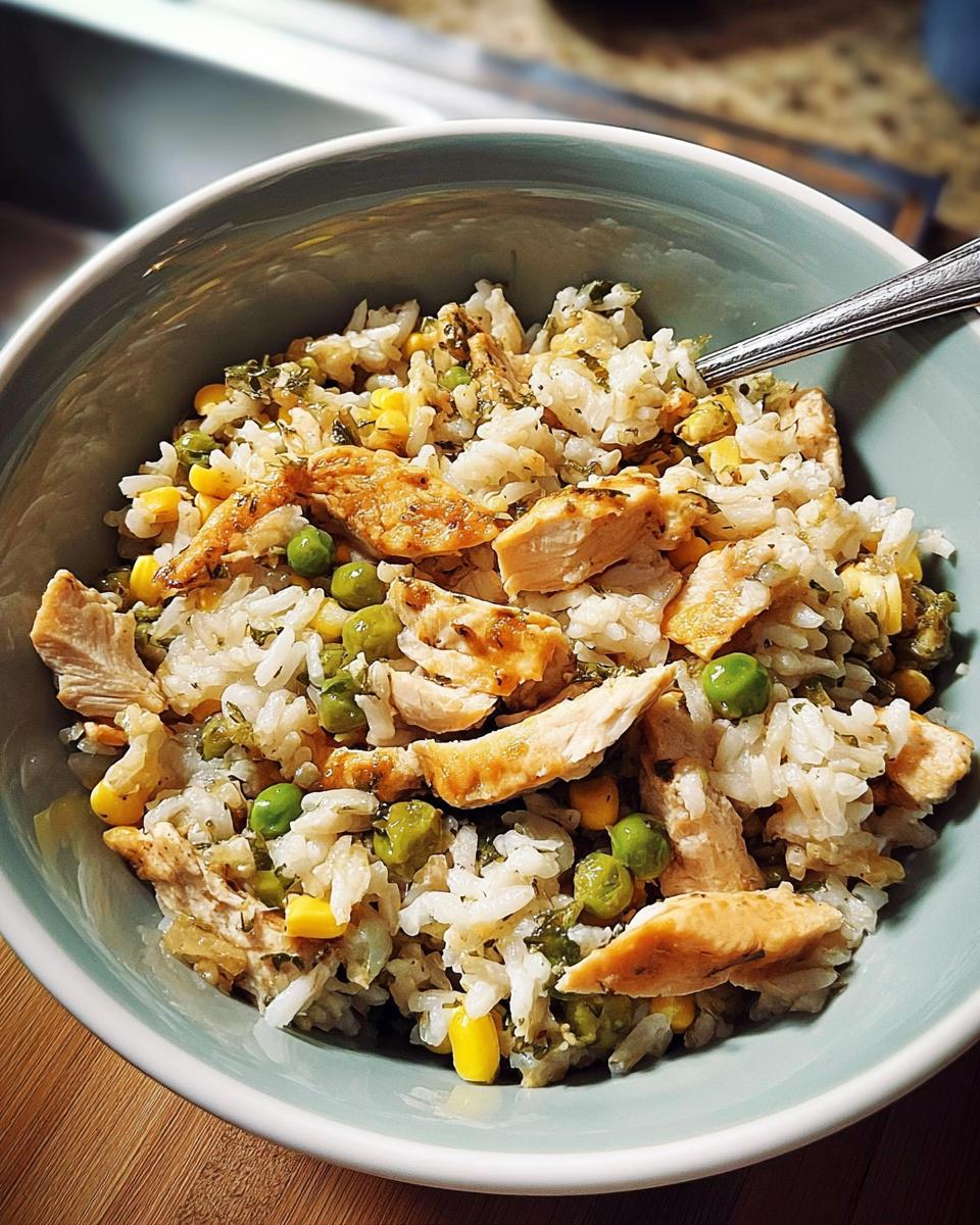 A close-up of a chicken rice bowl with peas, corn, and herbs, perfect for this rice bowls recipe.