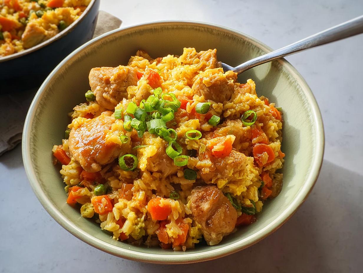 A close-up of a vibrant chicken rice bowl with carrots, peas, and green onions, perfect for fast weeknight meals.