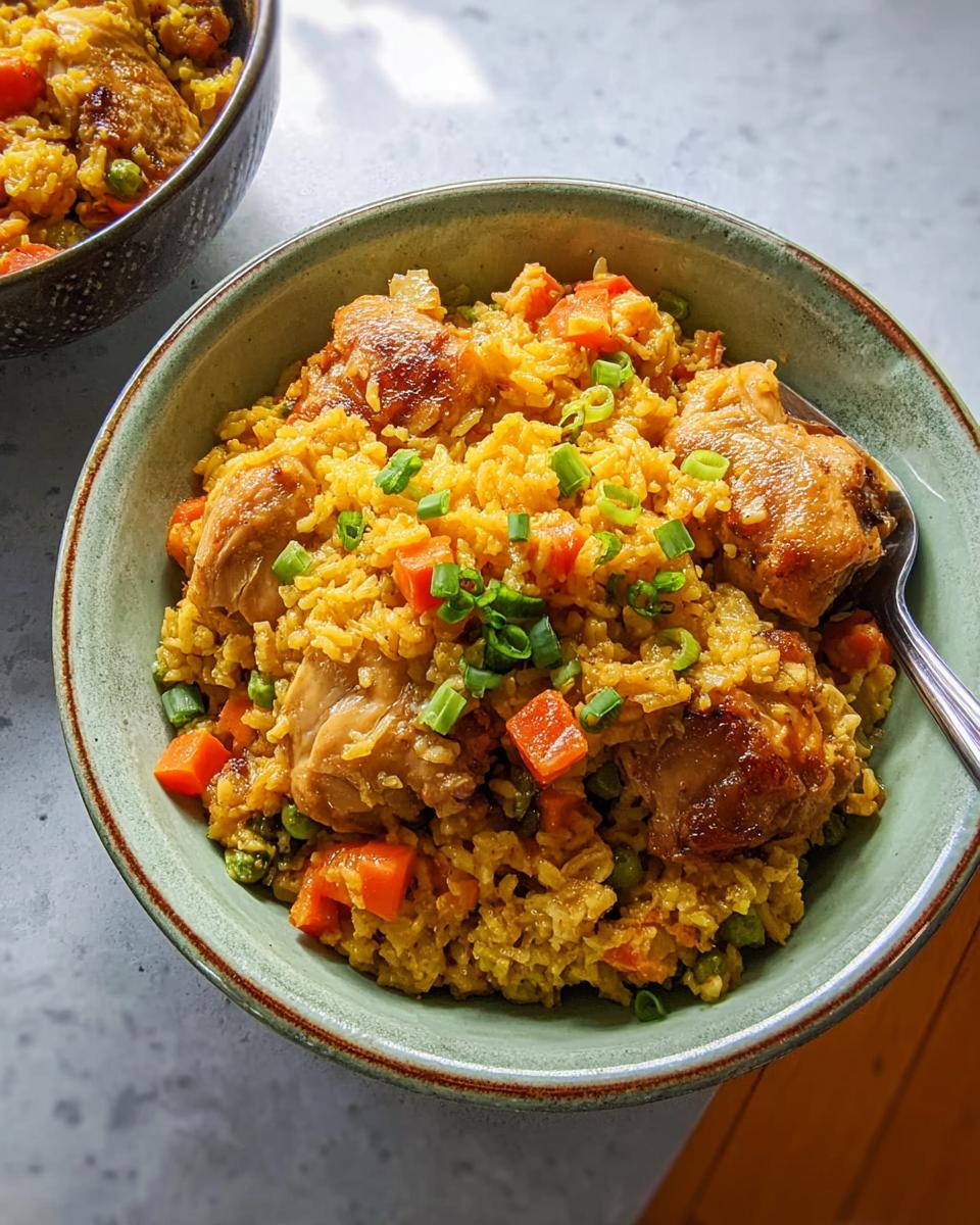 A close-up of a bowl filled with flavorful chicken and rice, featuring carrots, peas, and green onions.