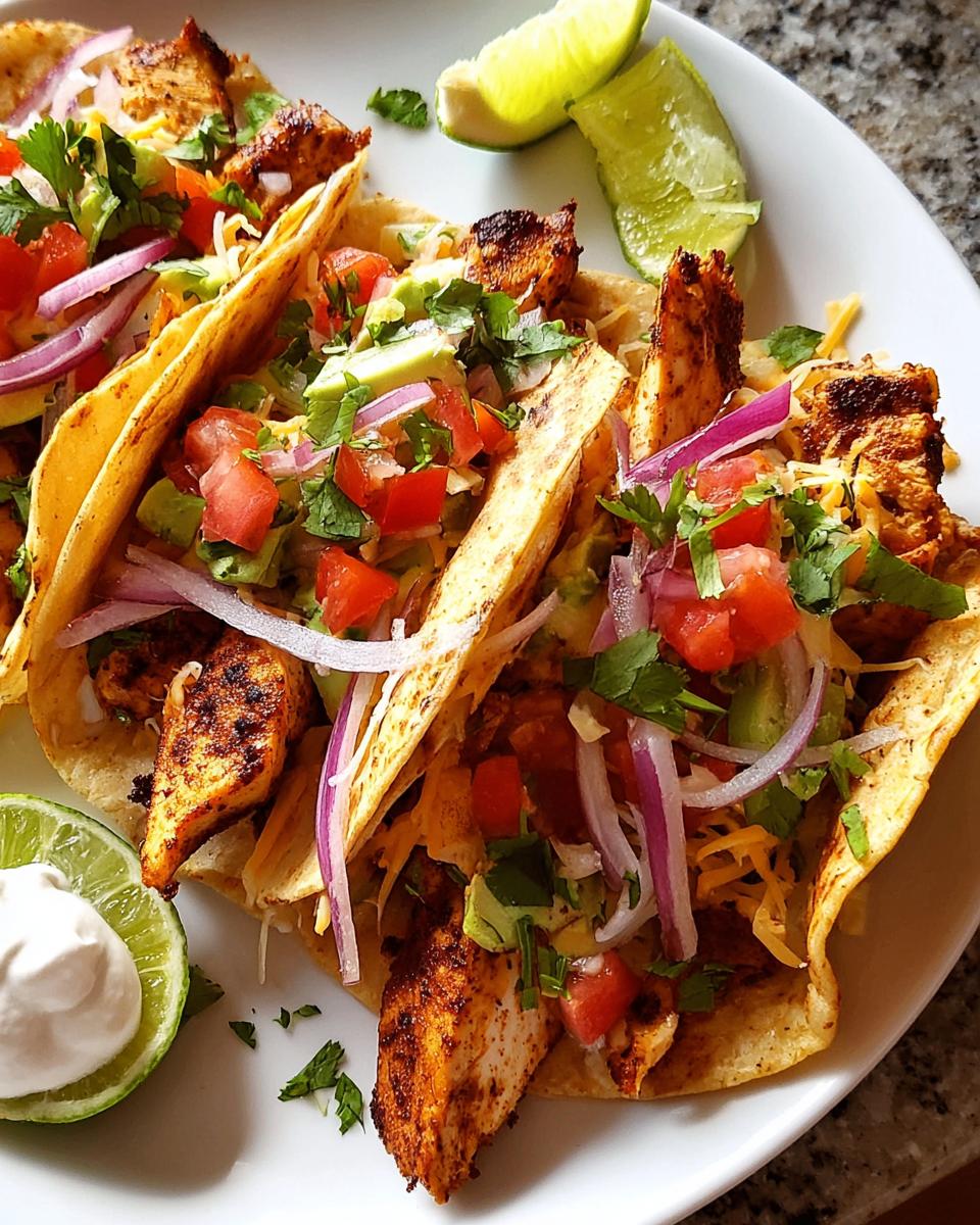 Close-up of three chicken tacos filled with seasoned chicken, avocado, tomato, red onion, and cilantro, served with lime wedges.