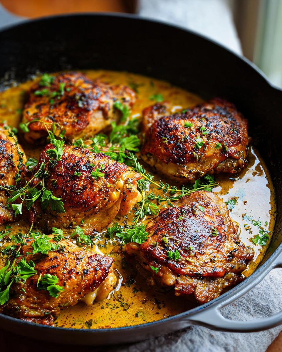 Close-up of pan-seared chicken thighs in a rich, creamy sauce, garnished with fresh herbs. A quick and delicious chicken thigh recipe.