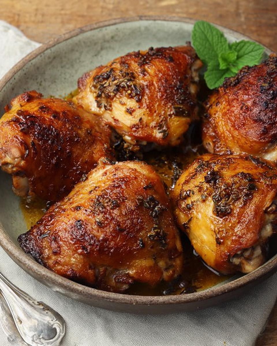 A bowl of perfectly cooked, golden-brown chicken thighs with herbs, a delicious option for chicken thigh recipes.