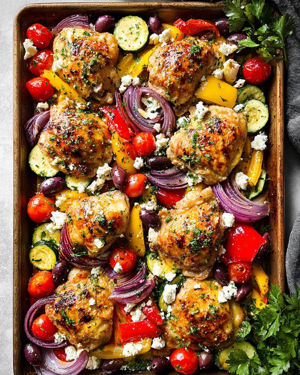 Overhead view of a sheet pan filled with roasted chicken thighs, zucchini, bell peppers, red onion, cherry tomatoes, olives, and feta cheese.