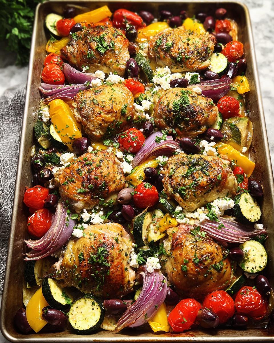 Overhead view of a sheet pan filled with roasted chicken thighs, zucchini, cherry tomatoes, red onion, bell peppers, olives, and feta cheese.