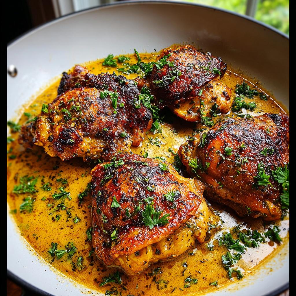 Four golden-brown pan-seared chicken thighs in a rich, buttery sauce, garnished with fresh parsley. A quick and easy chicken thigh recipe.