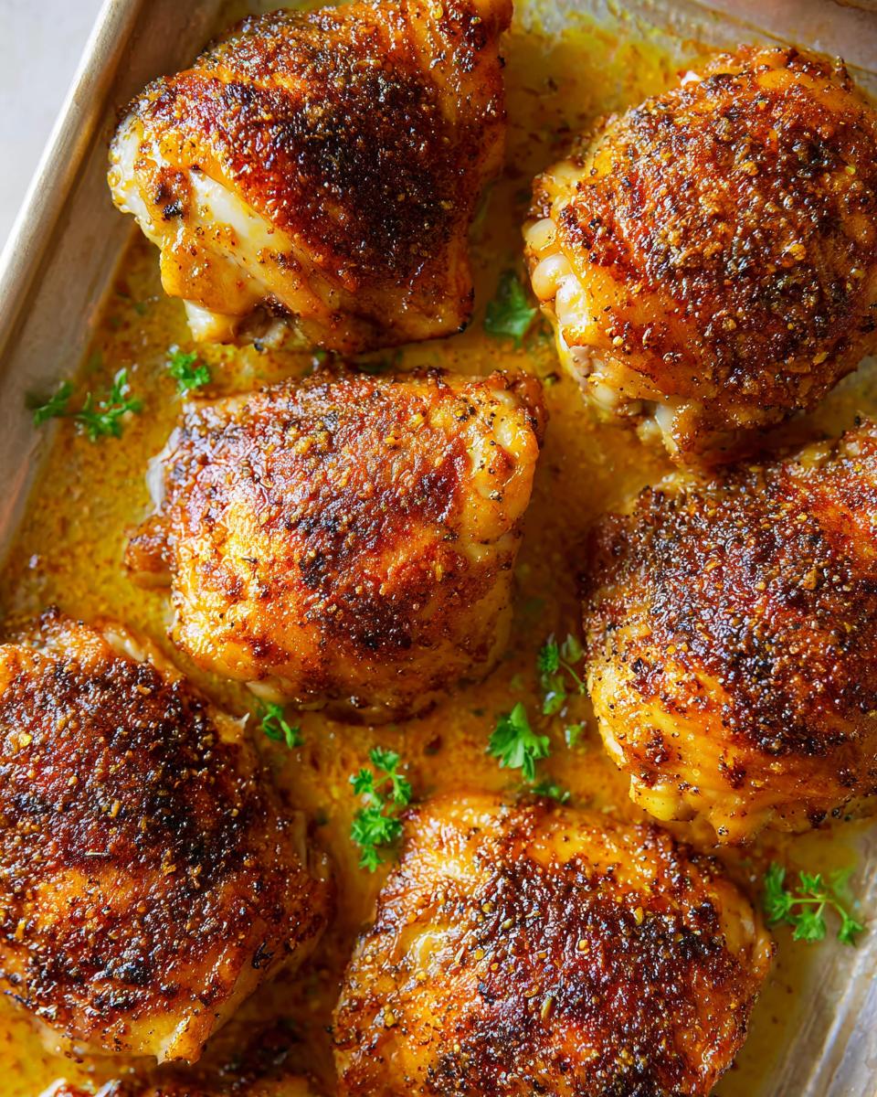 Close-up of perfectly roasted chicken thighs with crispy skin, seasoned and baked in a pan.