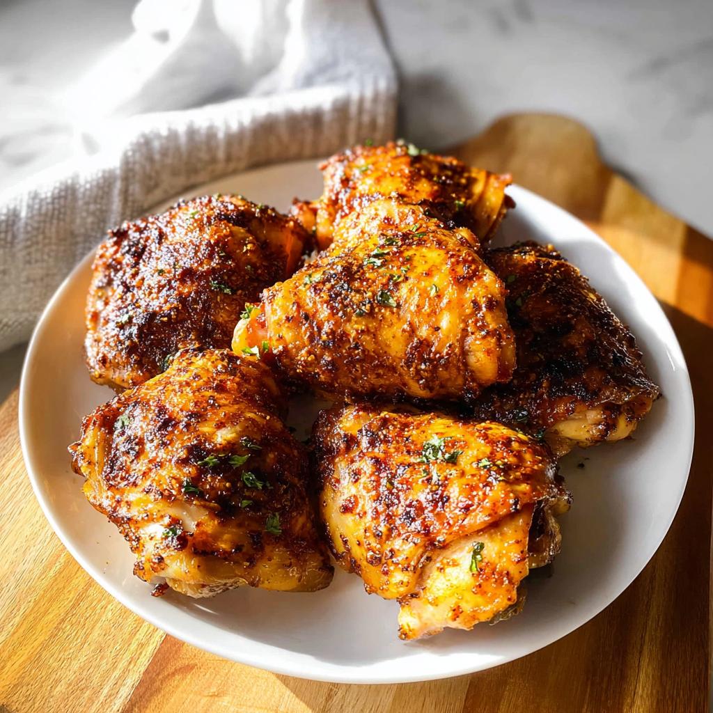 A plate of perfectly cooked chicken thighs, seasoned and garnished with herbs, showcasing one of the best chicken thigh recipes.
