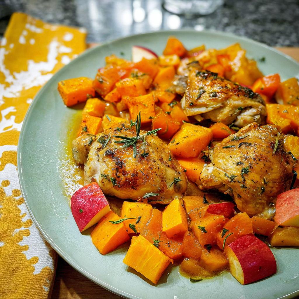 A plate of roasted chicken thighs with chunks of butternut squash and apple wedges, seasoned with rosemary.