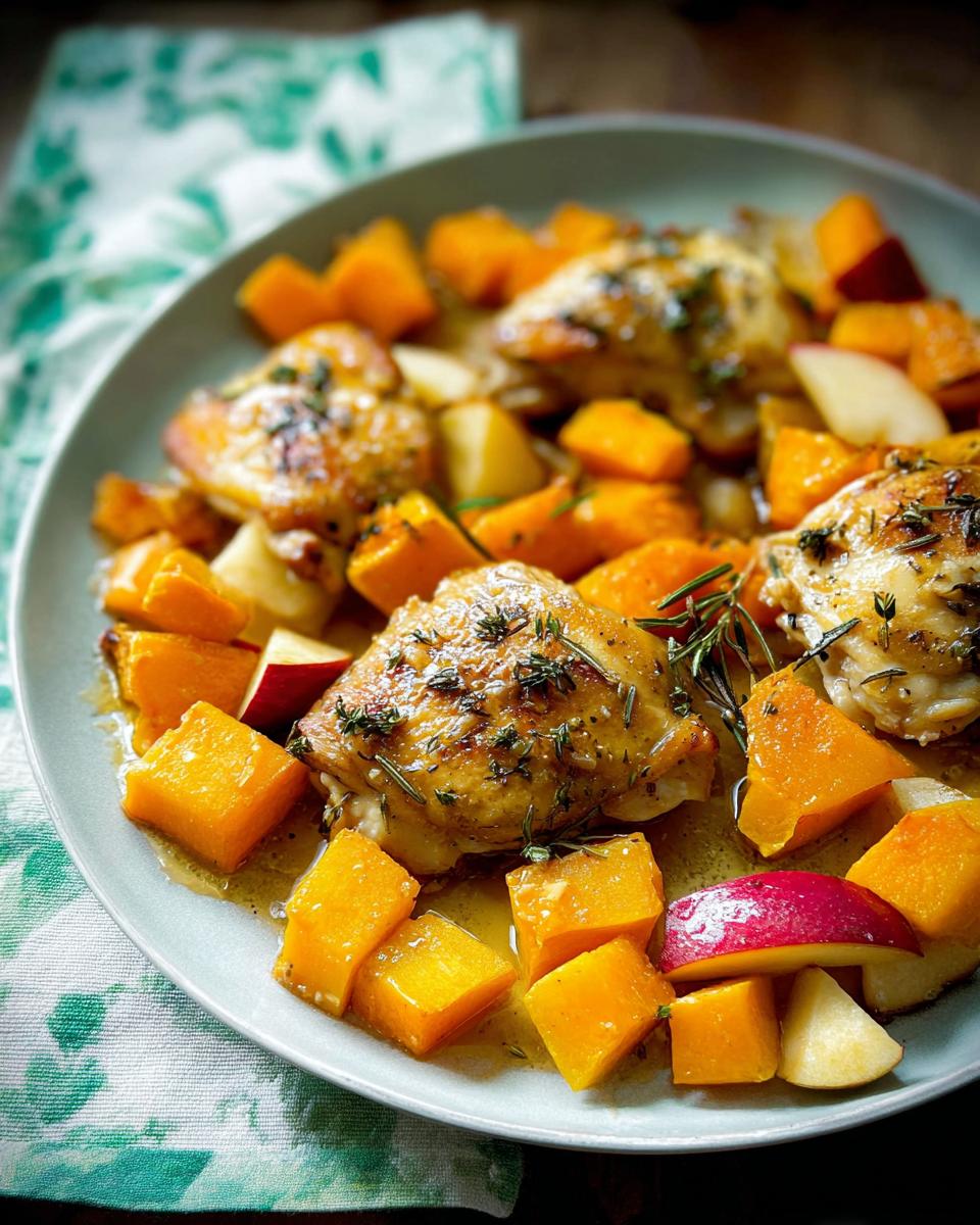 A close-up of roasted chicken thighs served with diced butternut squash and apple wedges, seasoned with herbs.