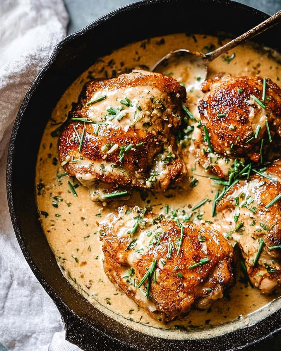 Close-up of pan-seared chicken thighs in a creamy sauce, garnished with chives. A beginner-friendly chicken thigh recipe.