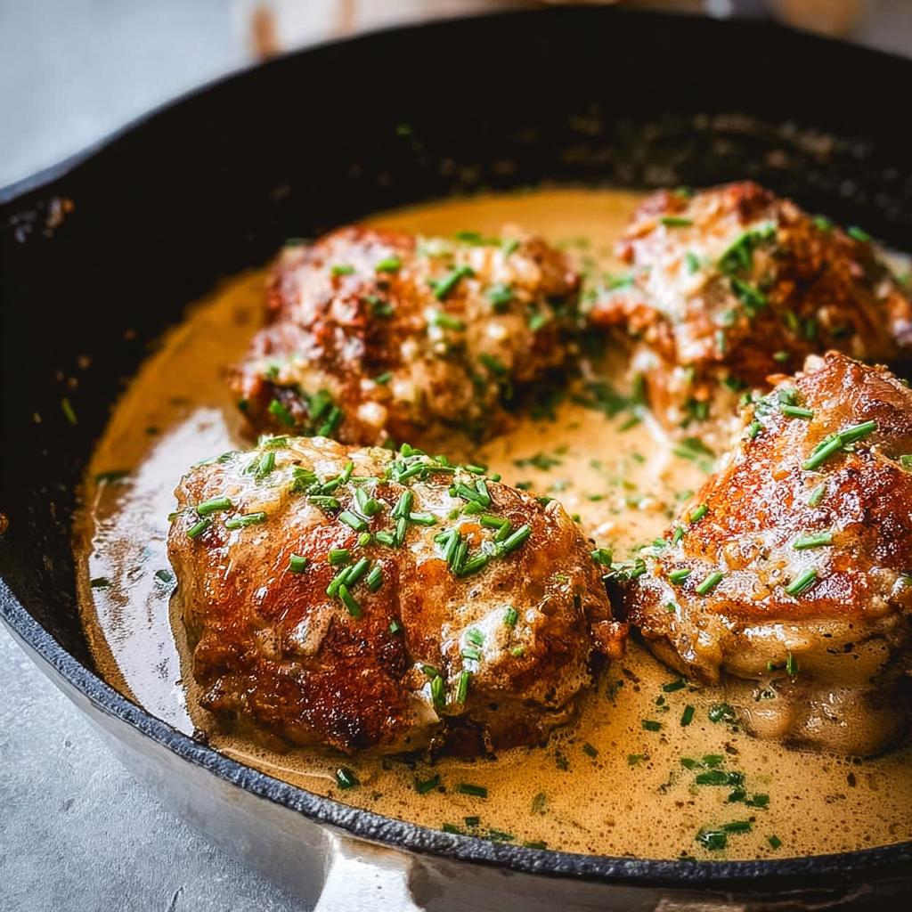 Close-up of pan-seared chicken thighs in a rich, creamy sauce, garnished with fresh chives. A perfect chicken thigh recipe.