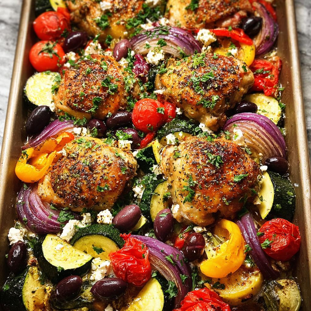 A colorful sheet pan meal featuring roasted chicken thighs, zucchini, bell peppers, red onion, tomatoes, olives, and feta cheese.