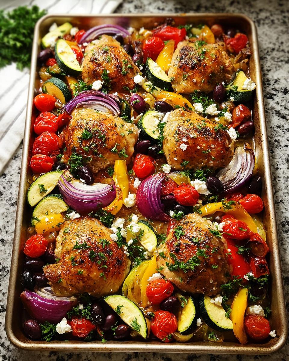 A colorful sheet pan meal featuring roasted chicken thighs with zucchini, cherry tomatoes, red onion, olives, and feta cheese.