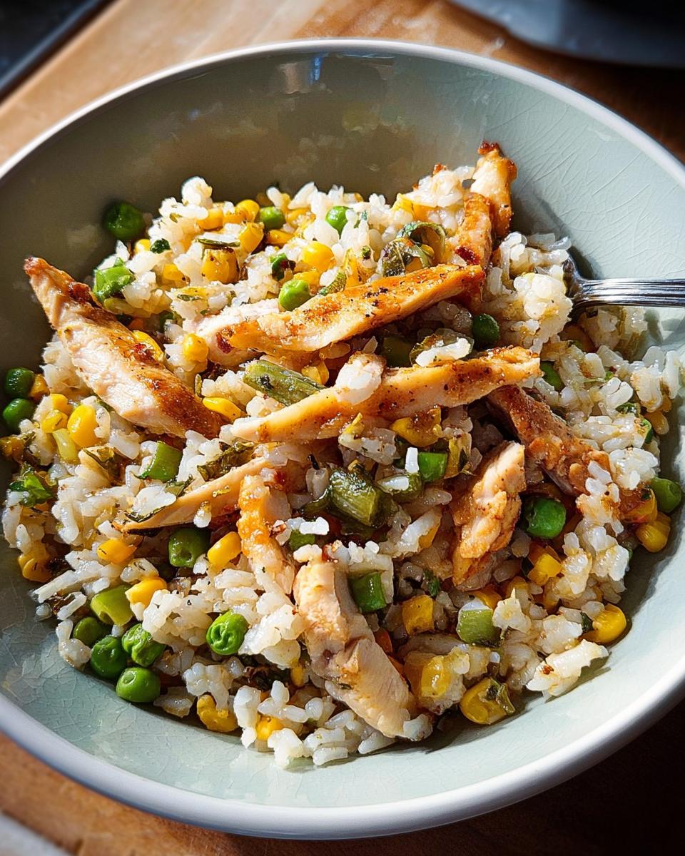 Close-up of a bowl of rice with grilled chicken strips, corn, peas, and green beans.