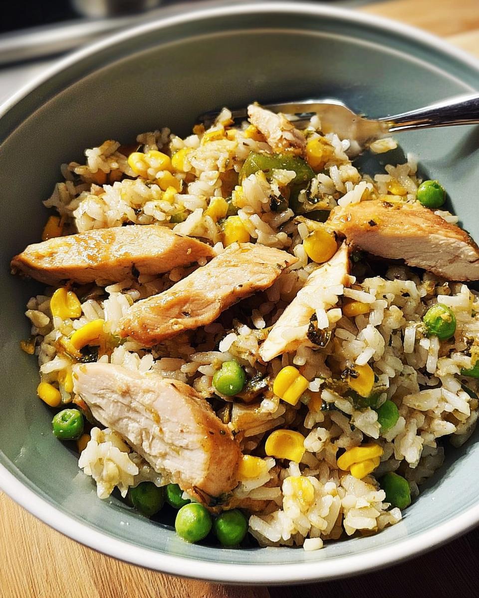 A close-up of a delicious rice bowl recipe with sliced chicken, corn, peas, and peppers.