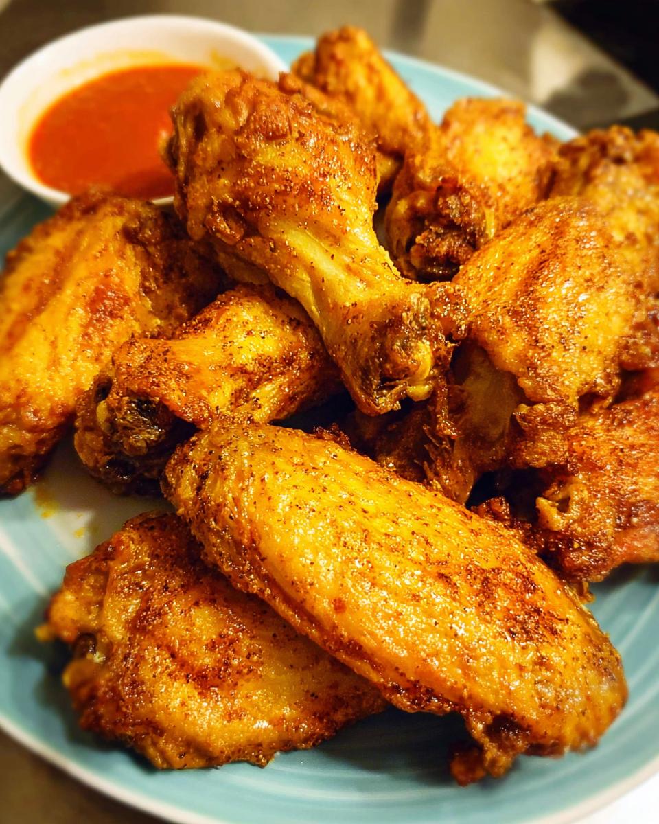 A close-up of a pile of golden-brown, crispy baked chicken wings served with a small bowl of dipping sauce.