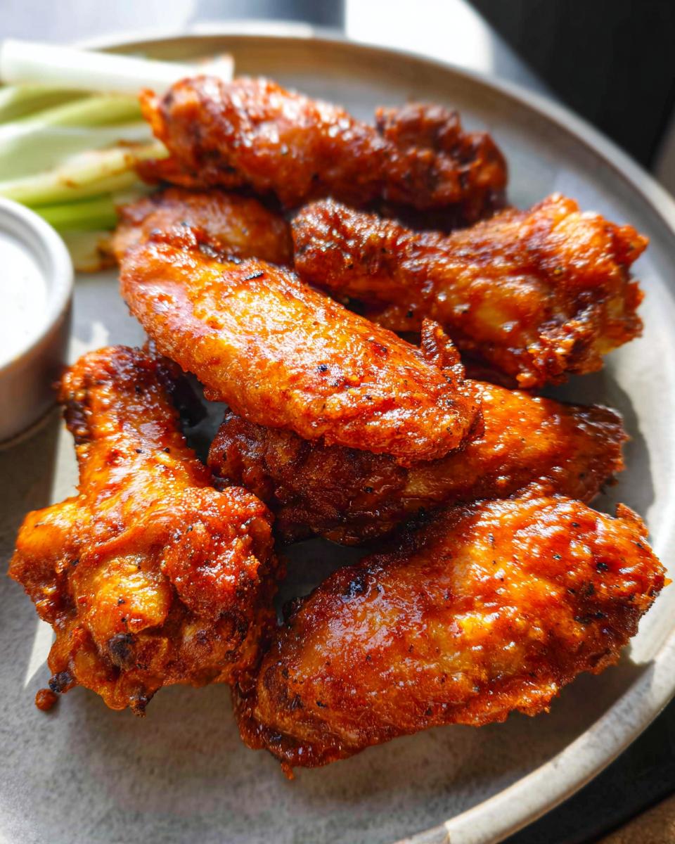 A plate of crispy, saucy chicken wings served with celery sticks and dipping sauce.