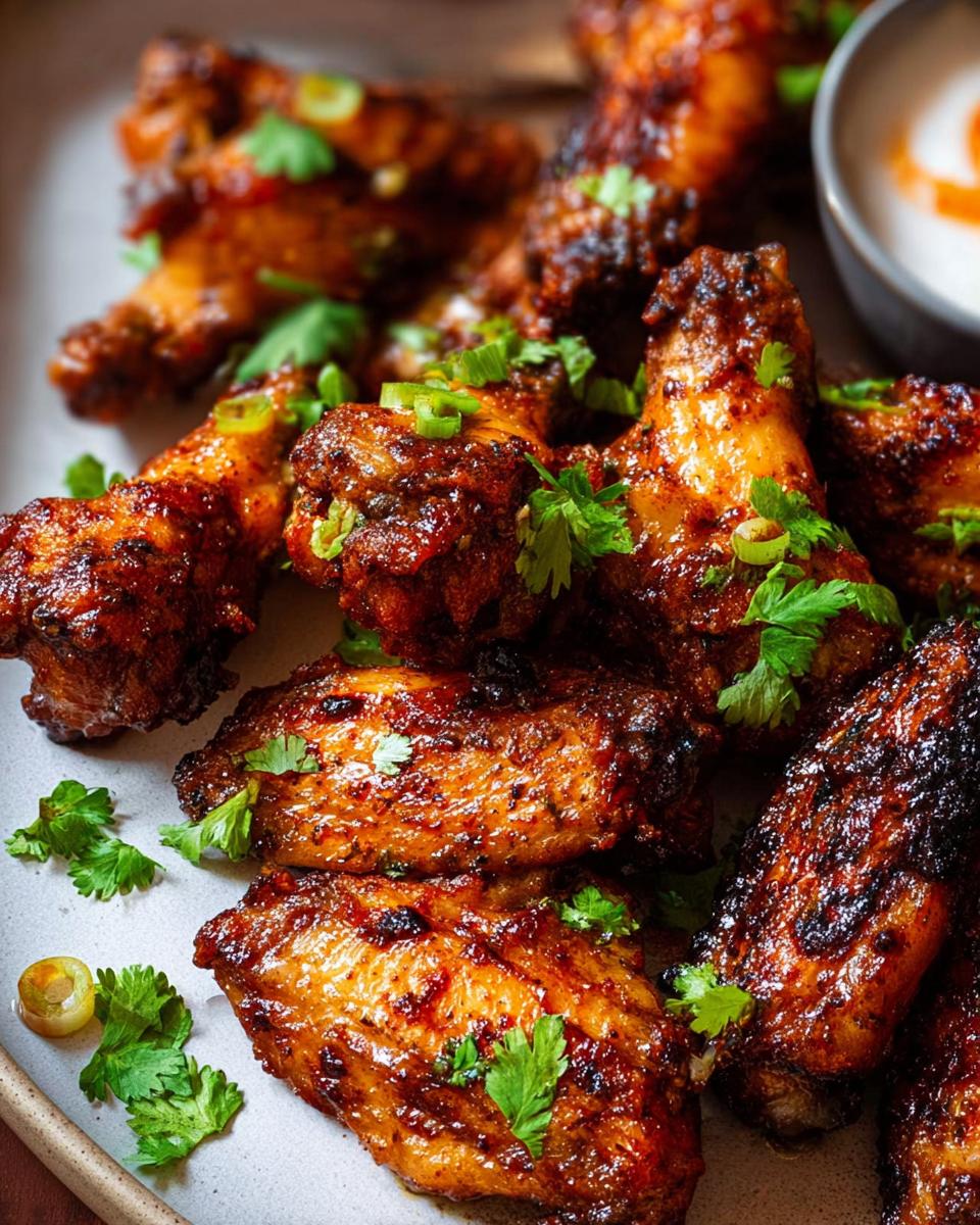 Close-up of a plate of perfectly cooked chicken wings, glazed and garnished with fresh cilantro and green onions.