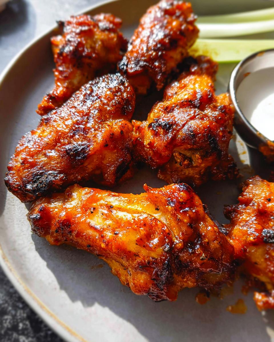 Close-up of perfectly cooked, glazed chicken wings from our chicken wings recipes, served with celery sticks and dipping sauce.