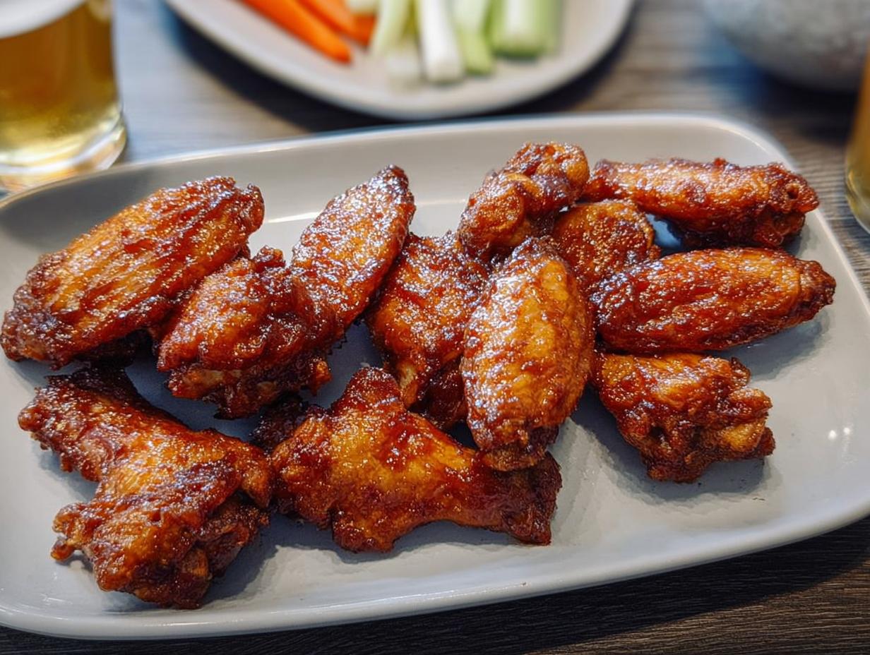 A plate of glistening, glazed chicken wings, perfect for a craving.