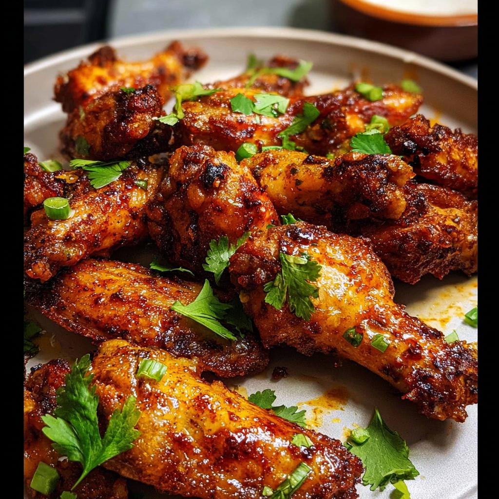 A close-up of a plate piled high with crispy, glazed chicken wings, garnished with fresh parsley and green onions.
