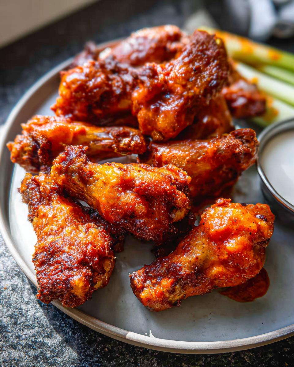 A plate of glossy, saucy chicken wings with celery sticks and a side of dipping sauce.