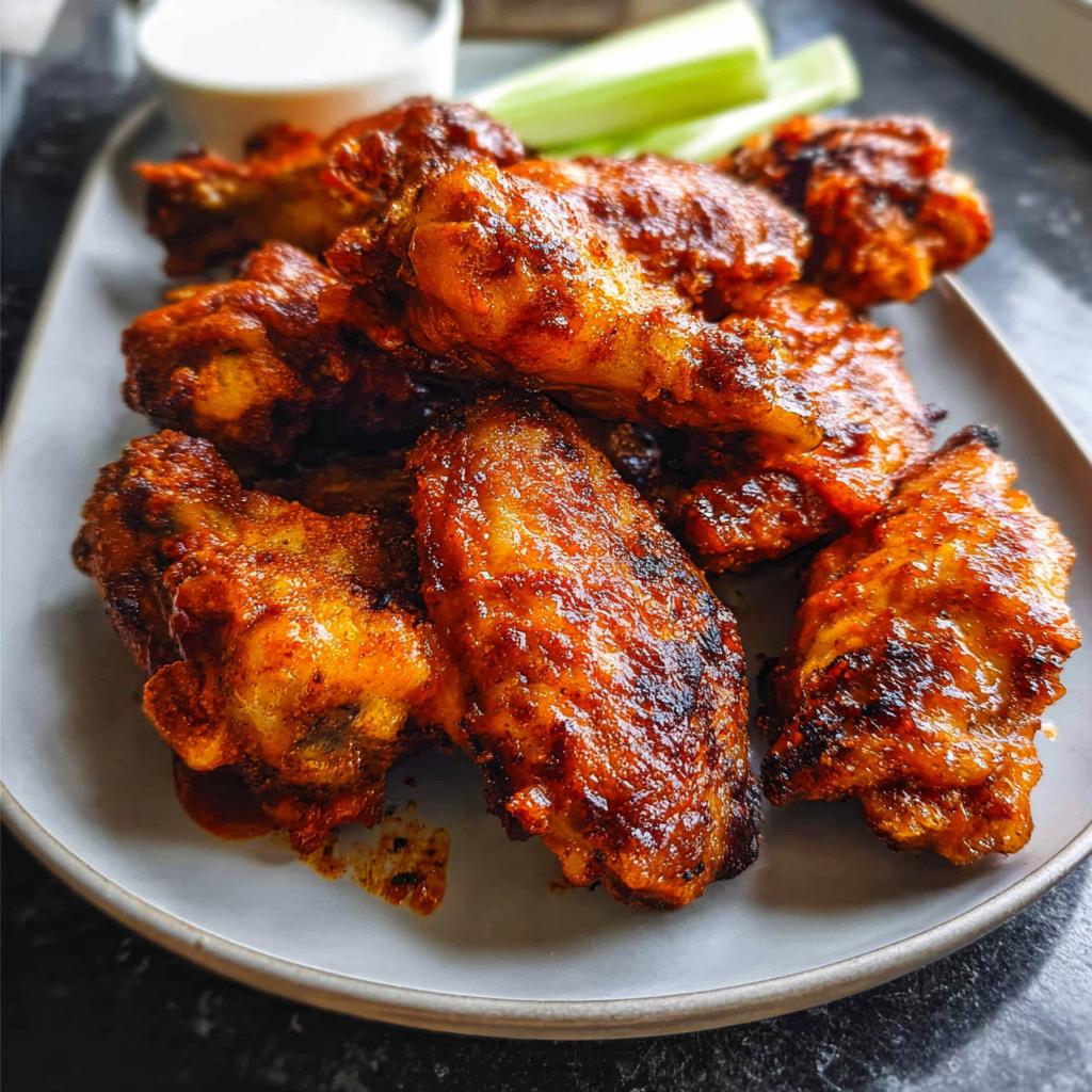 A plate of perfectly cooked, saucy chicken wings served with celery sticks and a side of dipping sauce.