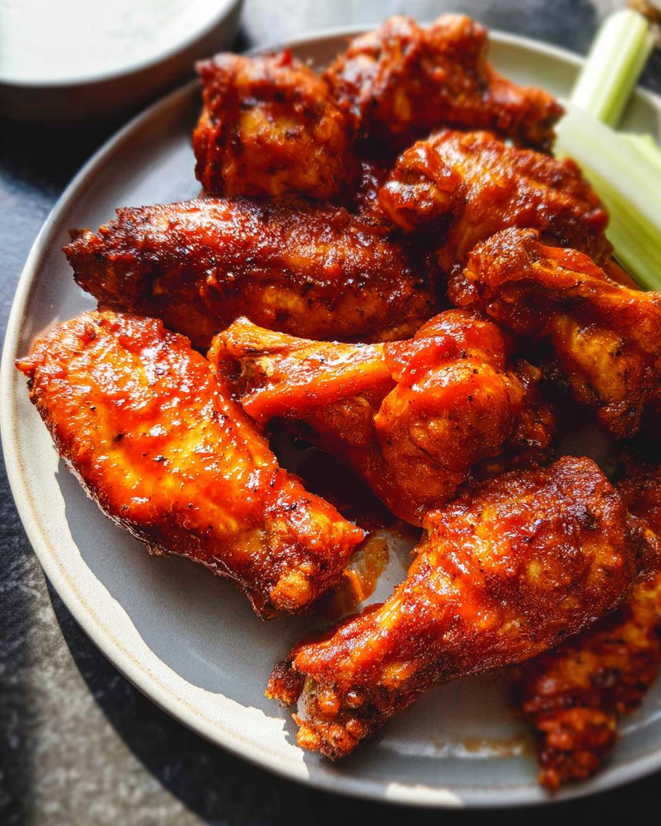 A plate of glossy, saucy chicken wings, a popular recipe, served with celery sticks.