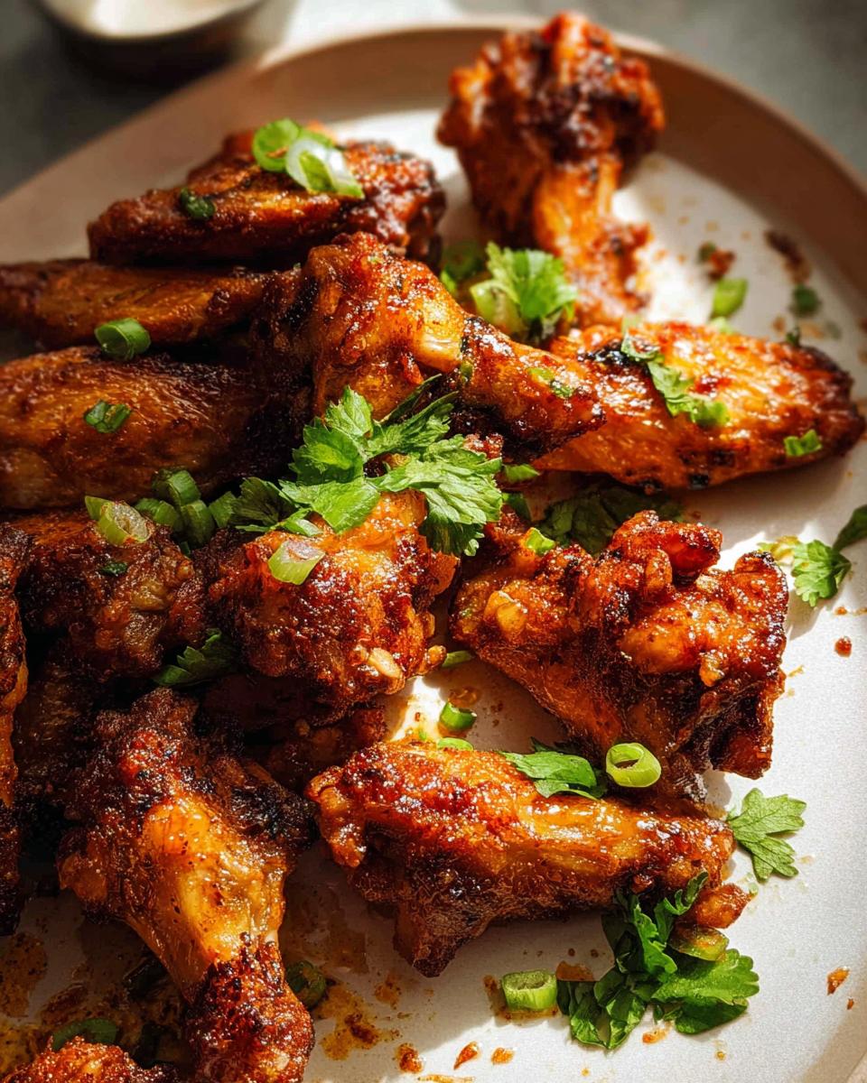 Close-up of a plate of perfectly cooked, glazed chicken wings recipes, garnished with fresh green onions and parsley.