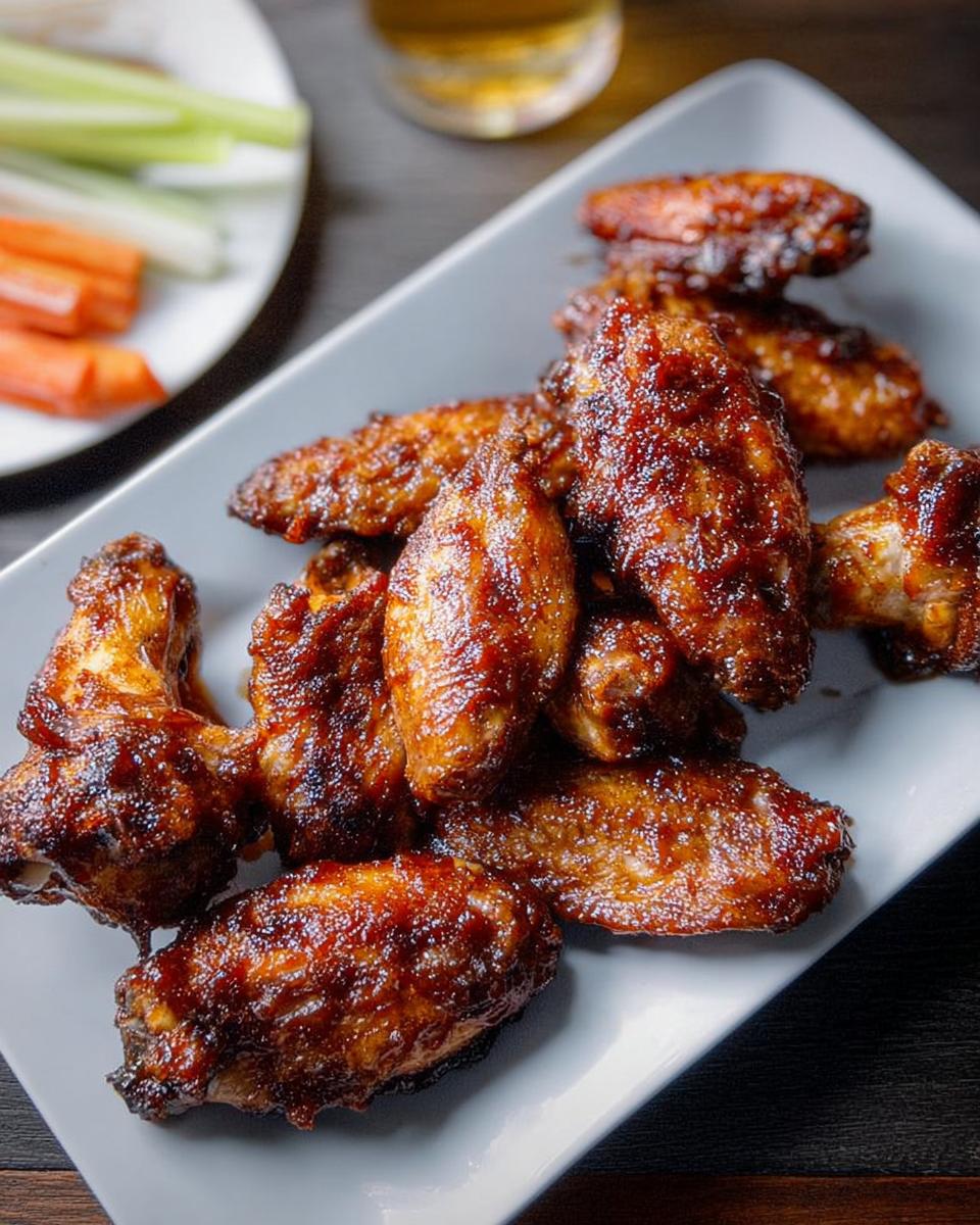 A plate of glossy, glazed chicken wings, perfect for chicken wings recipes.