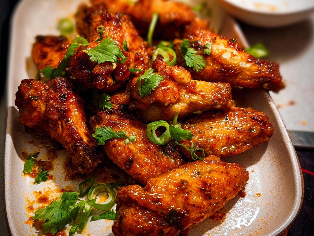 A close-up of a plate piled high with glossy, glazed chicken wings, garnished with fresh cilantro and green onions.