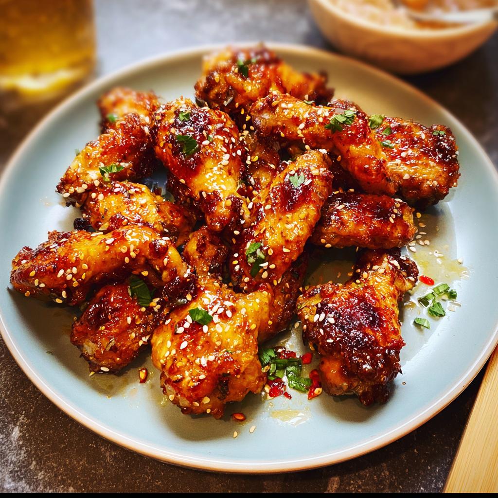 A plate of glistening, glazed chicken wings topped with sesame seeds and parsley, perfect for chicken wings recipes meal prep.