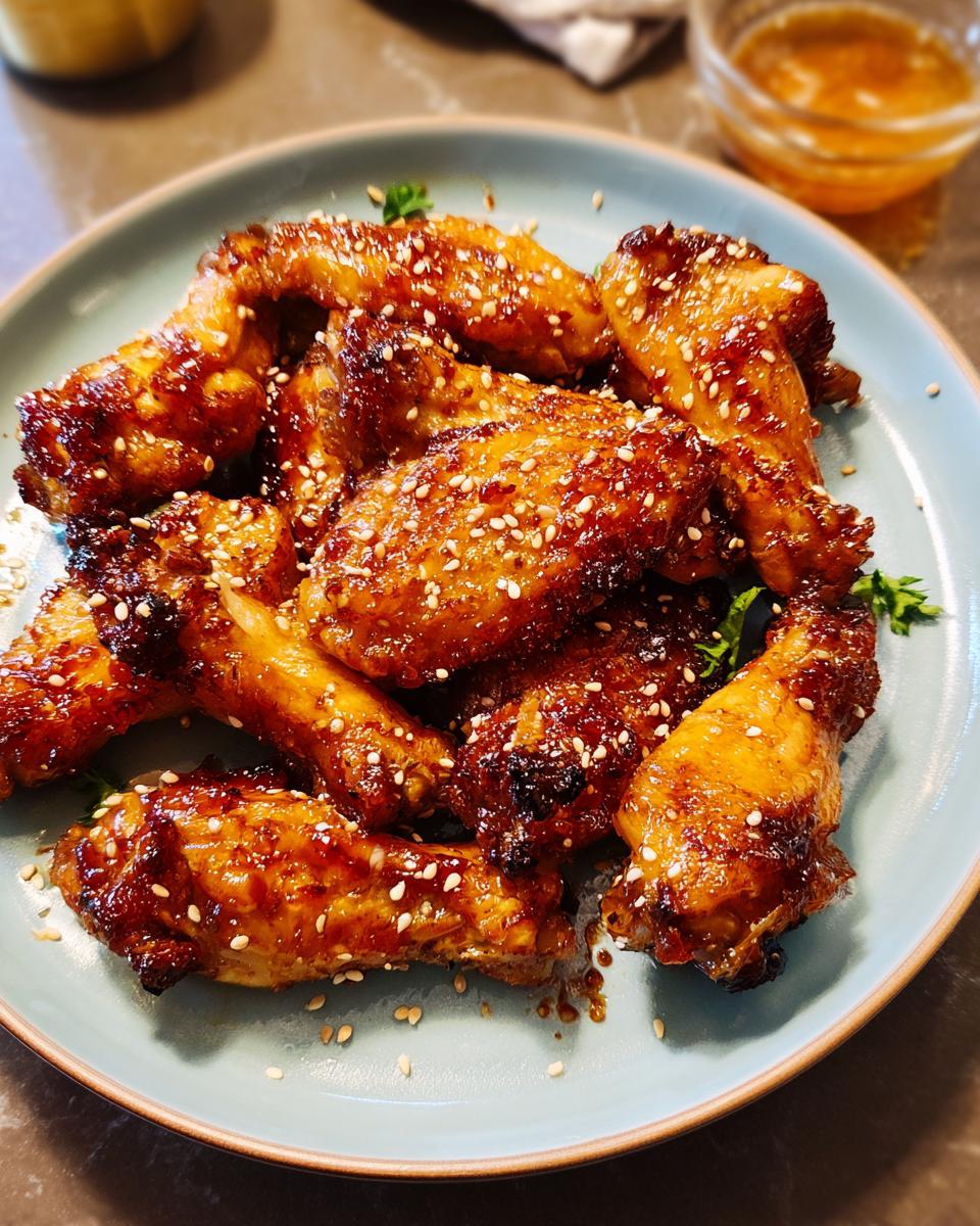 A plate of glossy, glazed chicken wings with sesame seeds, perfect for chicken wings recipes meal prep.