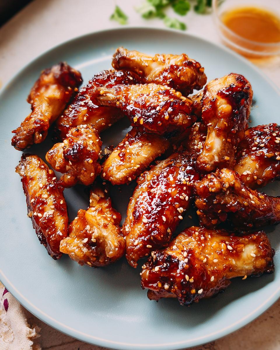 A plate of glistening, glazed chicken wings with sesame seeds, perfect for chicken wings recipes meal prep.