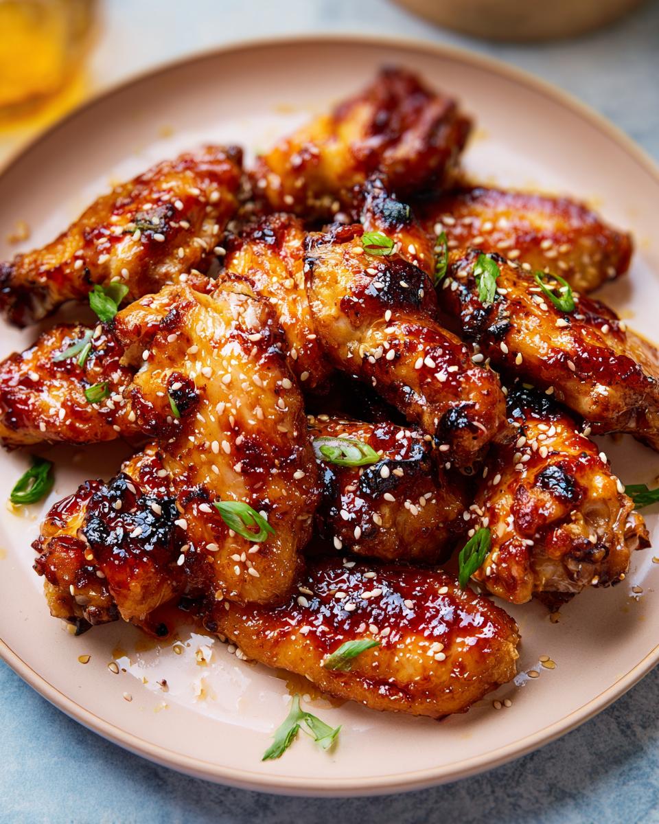A plate of glistening, glazed chicken wings, sprinkled with sesame seeds and green onions. Perfect for chicken wings recipes meal prep.
