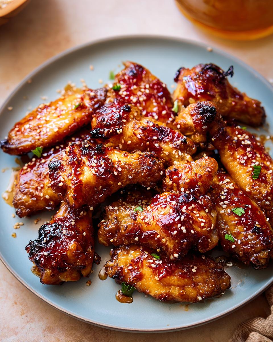 A plate piled high with glossy, glazed chicken wings, sprinkled with sesame seeds, perfect for chicken wings recipes meal prep.