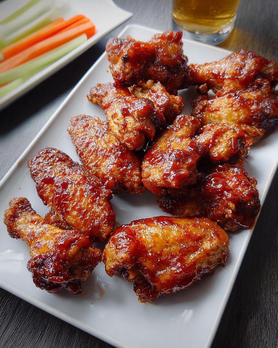 A plate of glistening, saucy chicken wings, served with celery and carrot sticks.