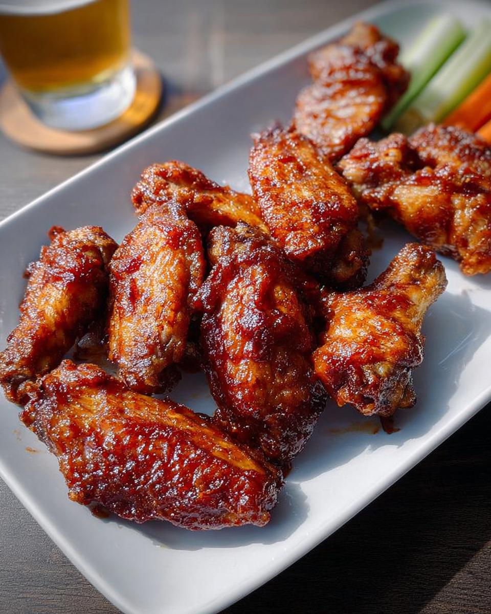 A plate of glistening, saucy chicken wings, served with celery and carrot sticks, perfect for chicken wings recipes.