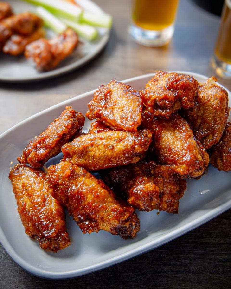 Close-up of a platter of crispy, glazed chicken wings, perfect for chicken wings recipes.