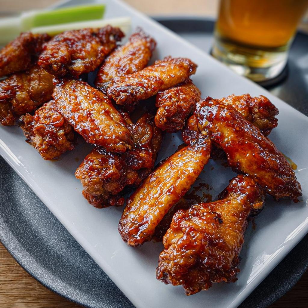 A plate of glossy, saucy chicken wings, served with celery sticks and a glass of beer.