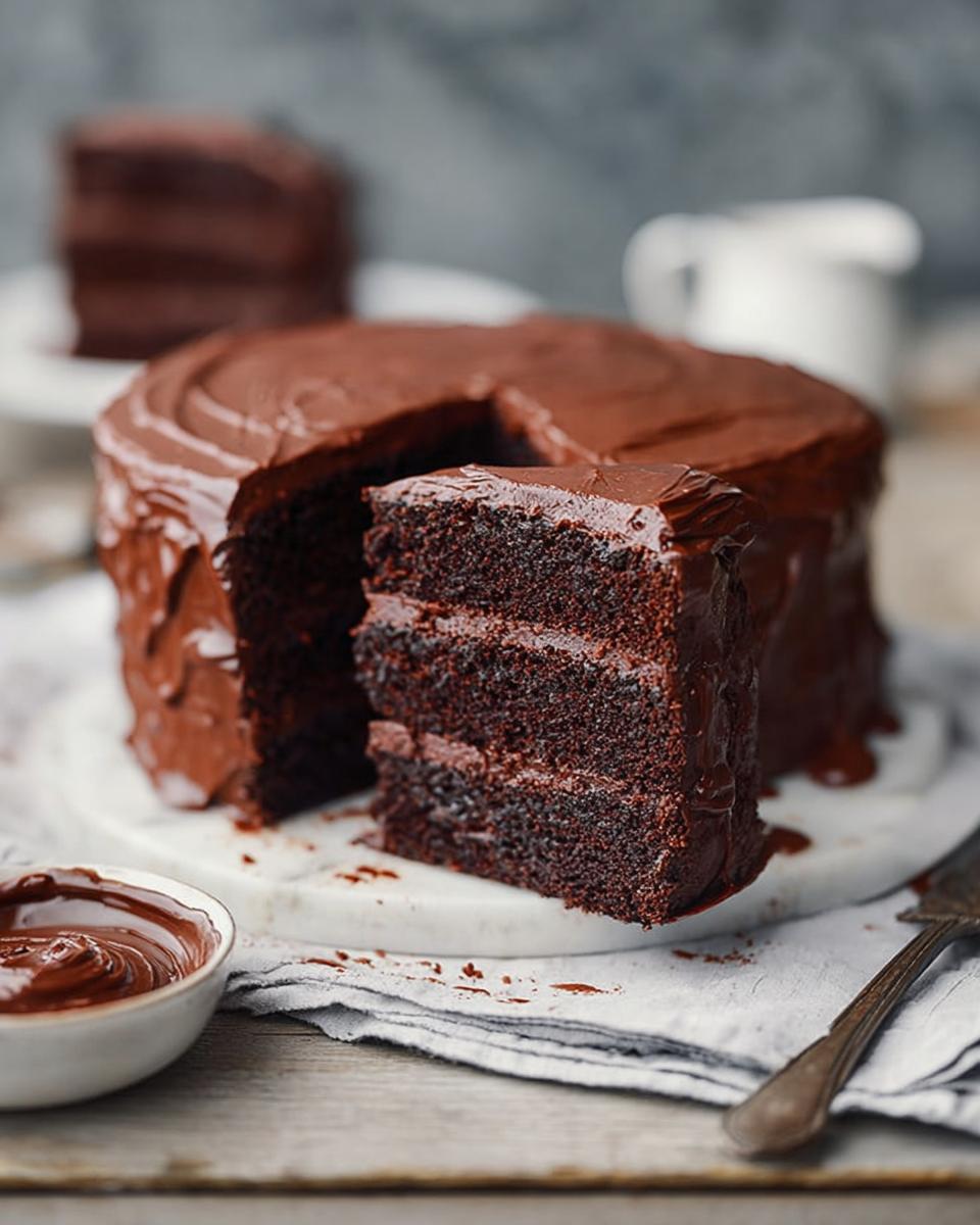 A slice of rich chocolate cake with decadent chocolate frosting, part of 7-Ingredient Cake Ideas Recipes.