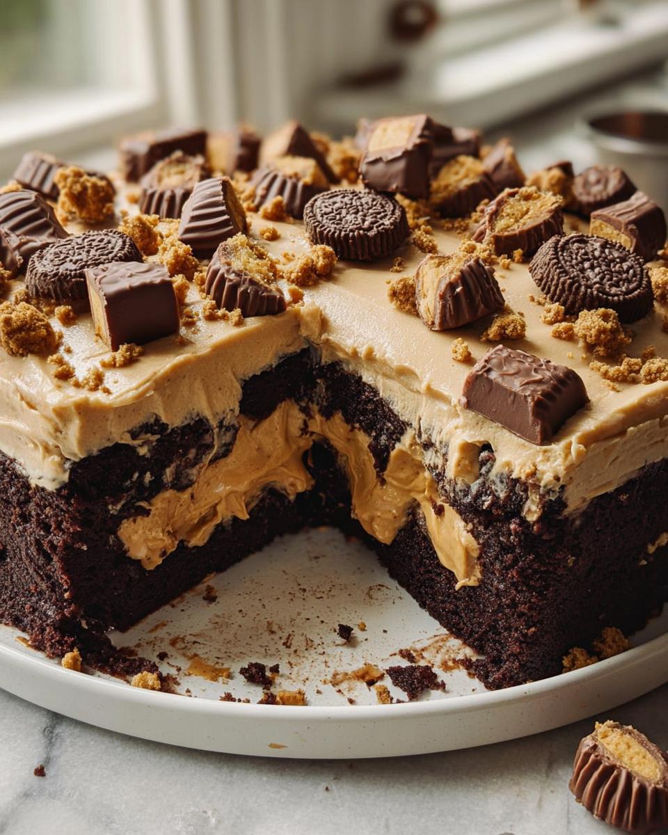 A decadent chocolate cake with peanut butter frosting, topped with Reese's Peanut Butter Cups and cookie crumbles. A slice is missing.