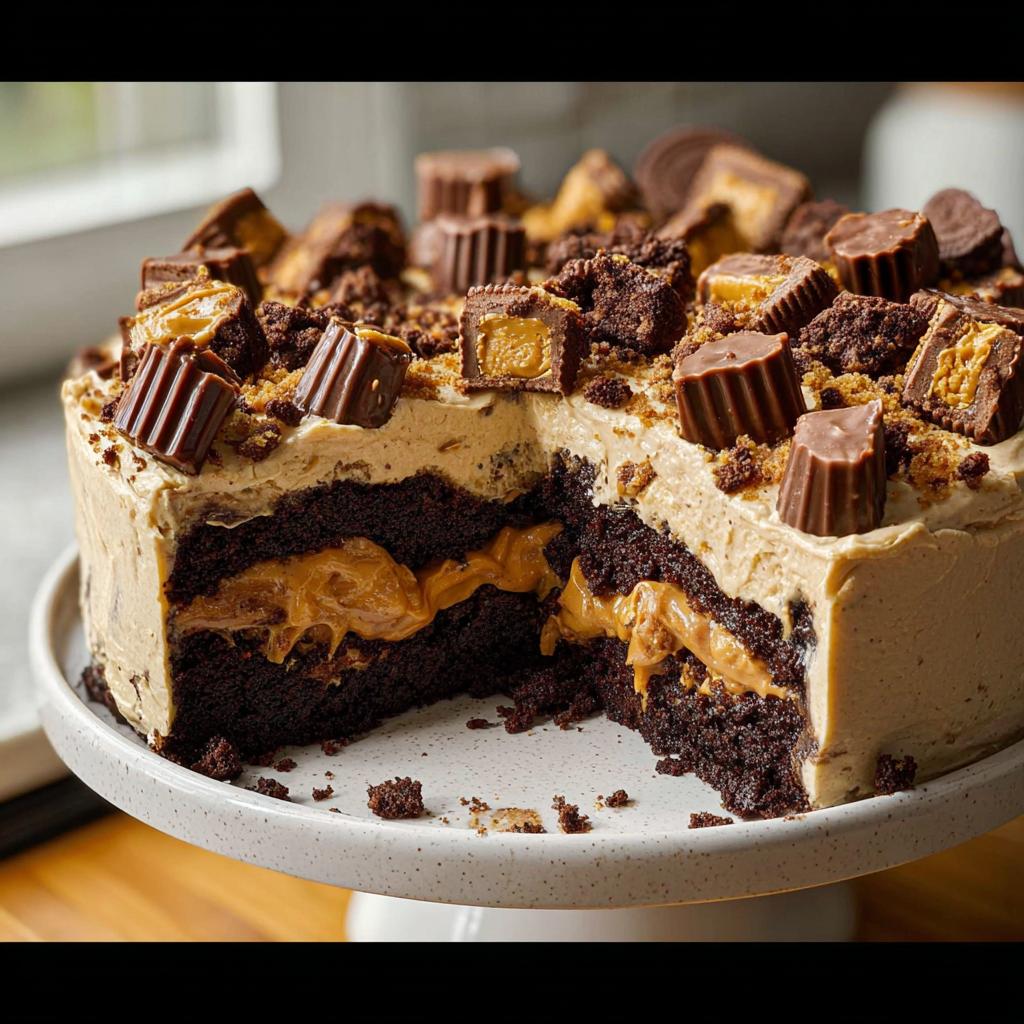A rich chocolate cake with peanut butter frosting and filling, topped with peanut butter cups and cake crumbs. A slice is cut out.
