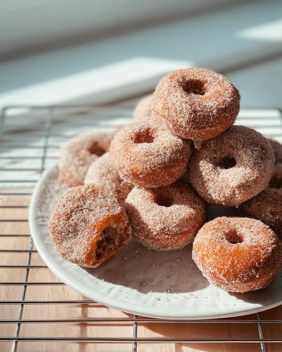 A pile of freshly made cinnamon sugar donuts, one with a bite taken out, perfect for breakfast ideas recipes.