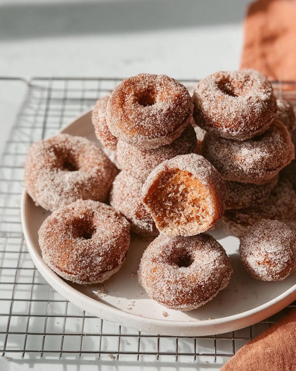 A pile of freshly baked cinnamon sugar donuts, one with a bite taken out, perfect for breakfast ideas.