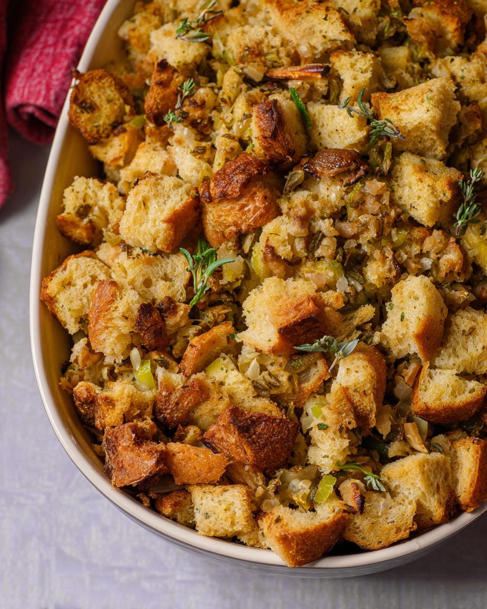 A close-up shot of a classic stuffing recipe in a baking dish, featuring toasted bread cubes and herbs.