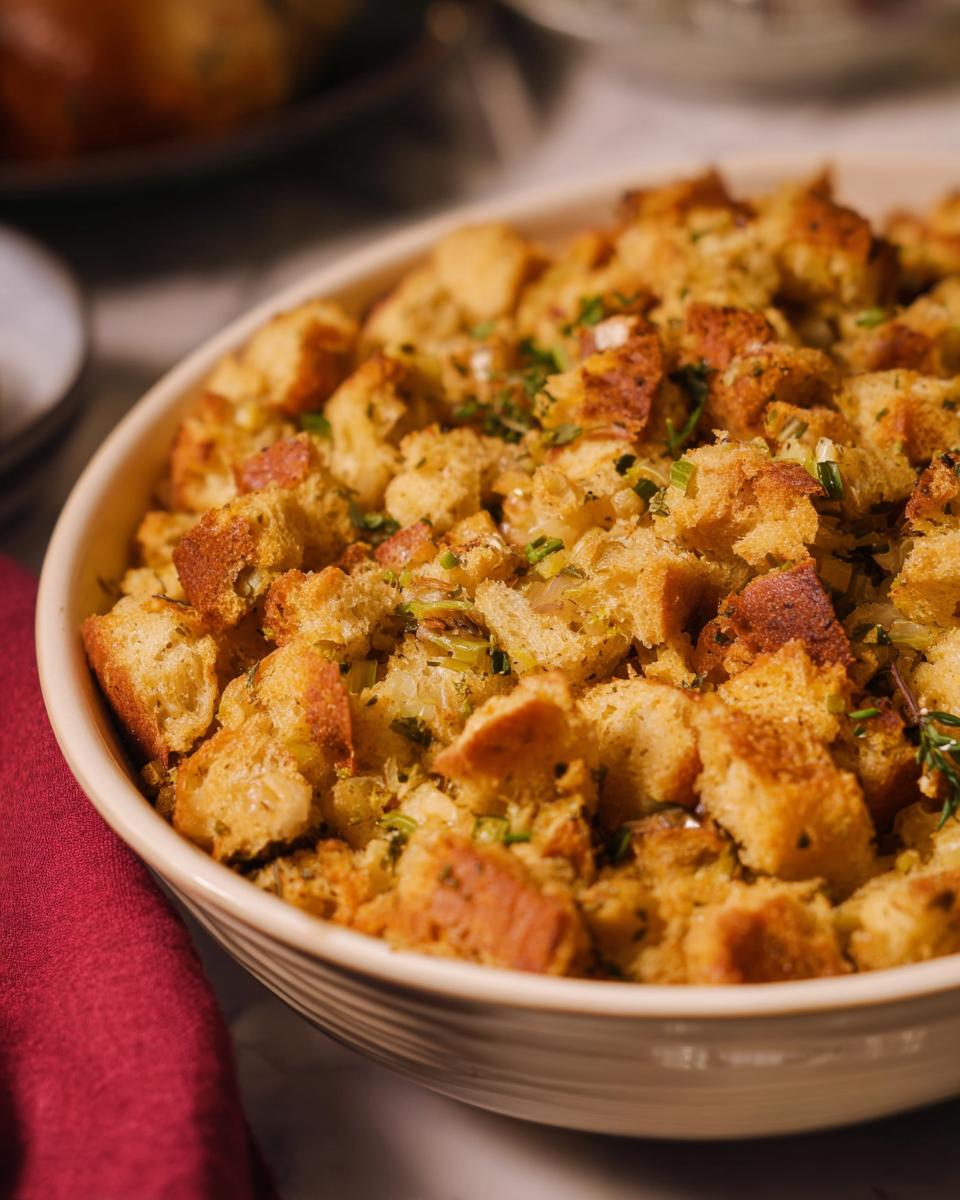 Close-up of a golden brown classic stuffing recipe in a white baking dish, garnished with fresh herbs.